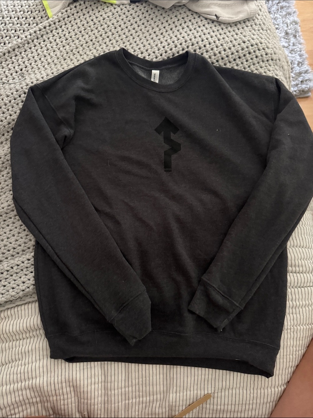 Men's Black Crewneck Sweater with Subtle Tonal Chevron Graphic